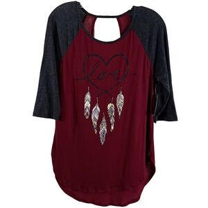 NWT Junior No Boundaries Purple Grey 3/4 Sleeve Love Feather Tunic T Shirt Sz L